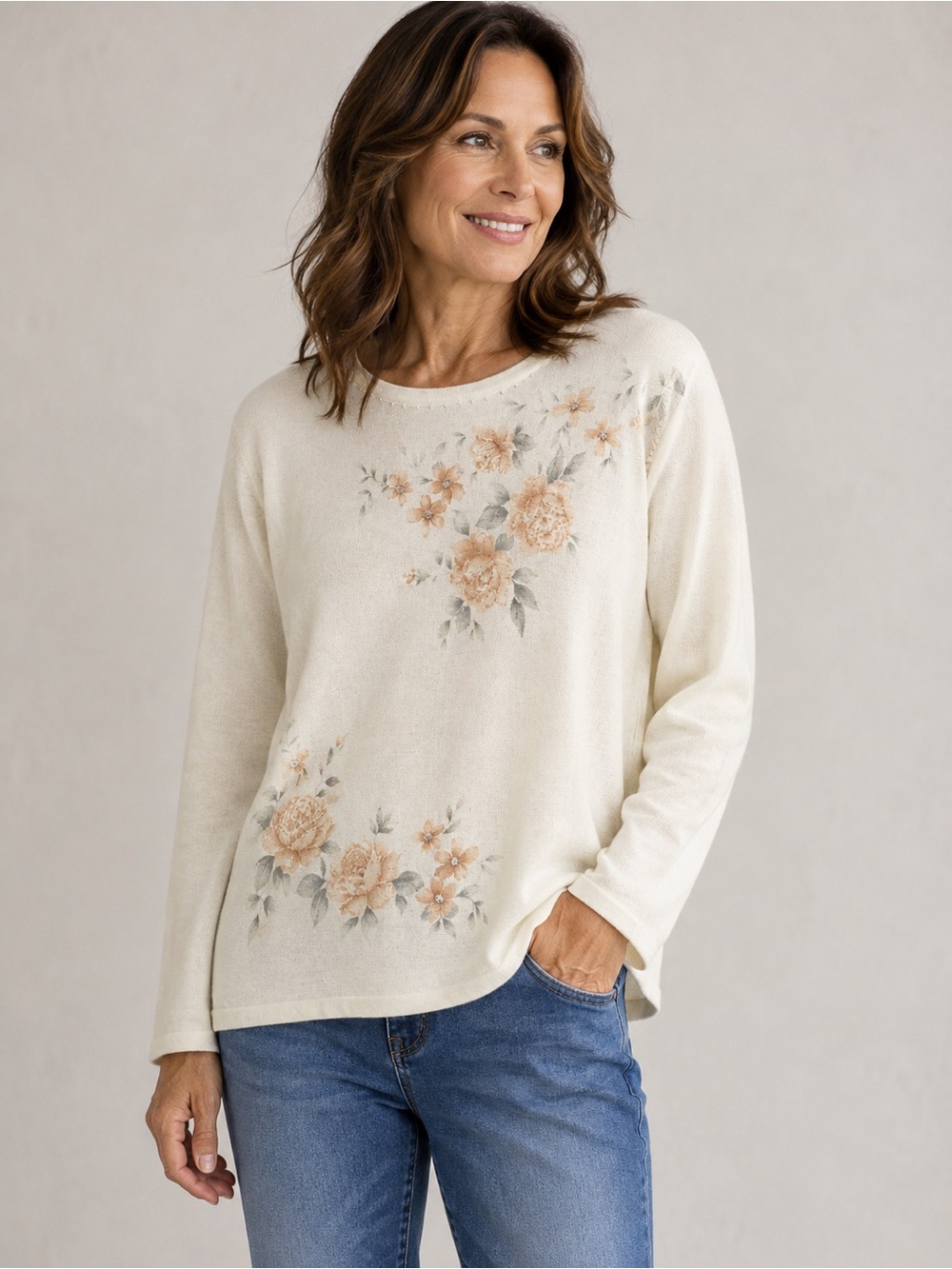 Alfred Dunner Cream Floral Crewneck Sweater L